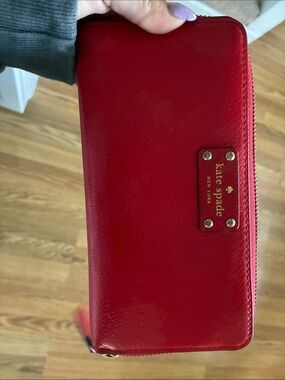 kate spade Red Patent Zip Wallet with Gold Logo Plaque